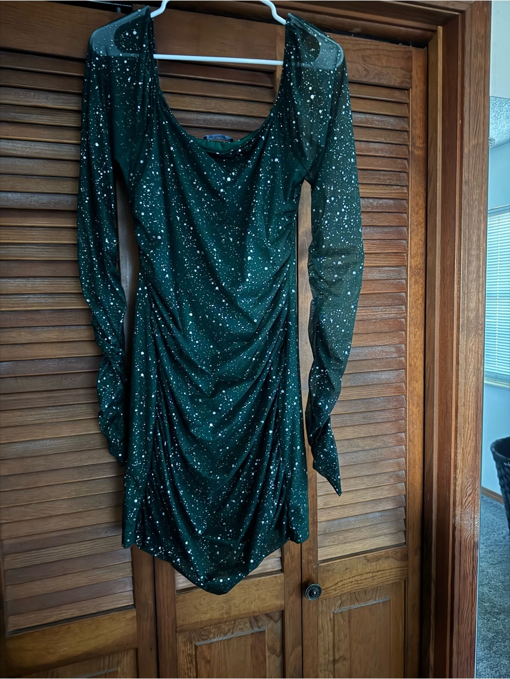 Ruched Long-Sleeve Sparkle Mini Dress in Deep Green